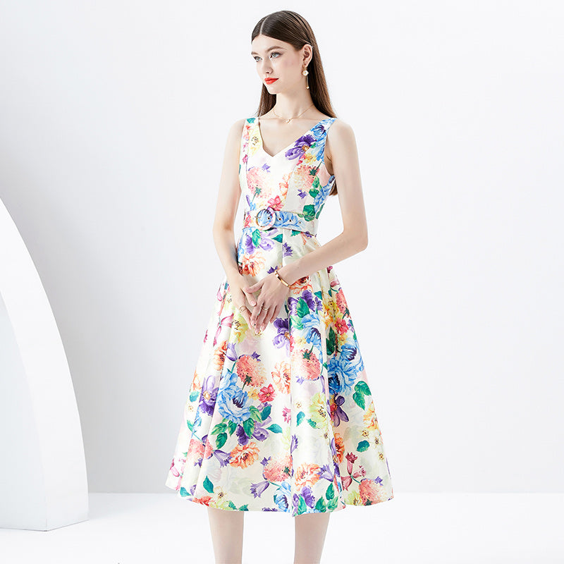 CM-DY091163 Women Retro European Style Floral Prints V-Neck Sleeveless Midi Dress