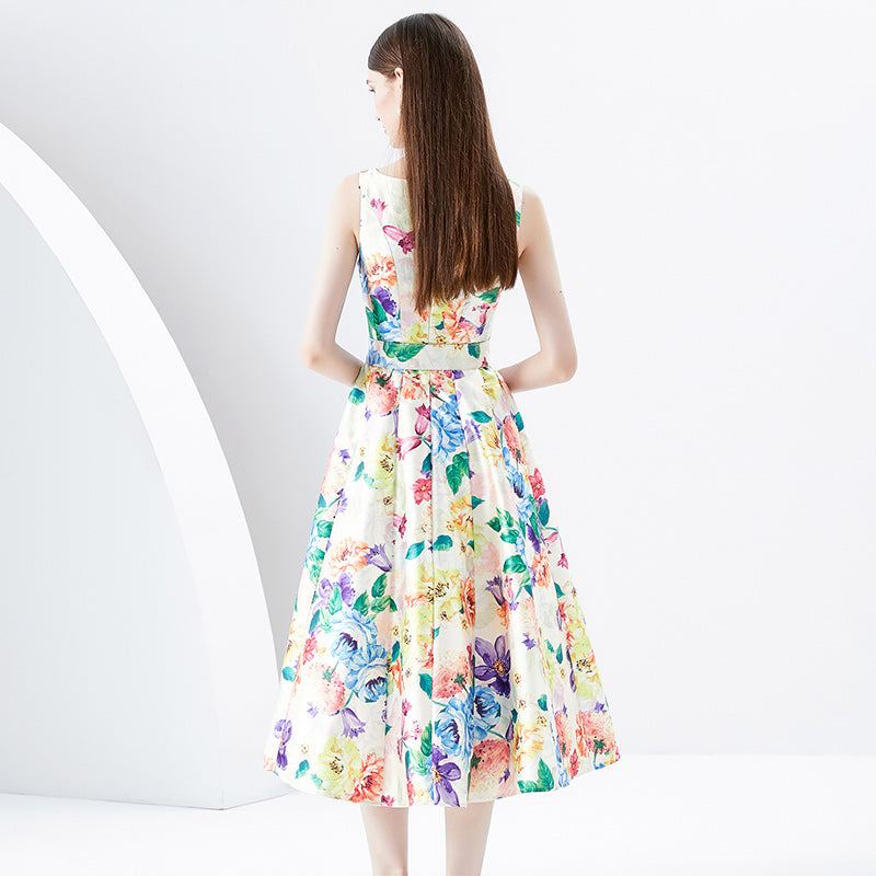 CM-DY091163 Women Retro European Style Floral Prints V-Neck Sleeveless Midi Dress