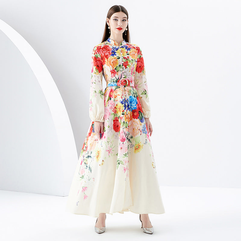 CM-DY091165 Women Elegant European Style Stand Collar Single-Breasted Long Dress