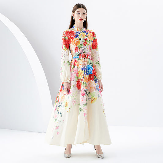 CM-DY091165 Women Elegant European Style Stand Collar Single-Breasted Long Dress