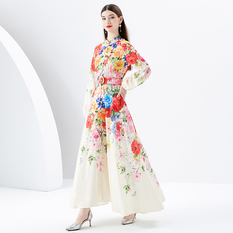CM-DY091165 Women Elegant European Style Stand Collar Single-Breasted Long Dress