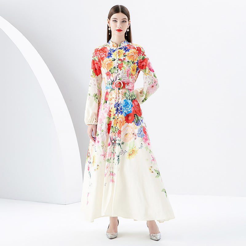 CM-DY091165 Women Elegant European Style Stand Collar Single-Breasted Long Dress