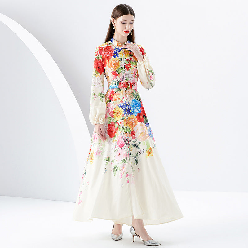 CM-DY091165 Women Elegant European Style Stand Collar Single-Breasted Long Dress