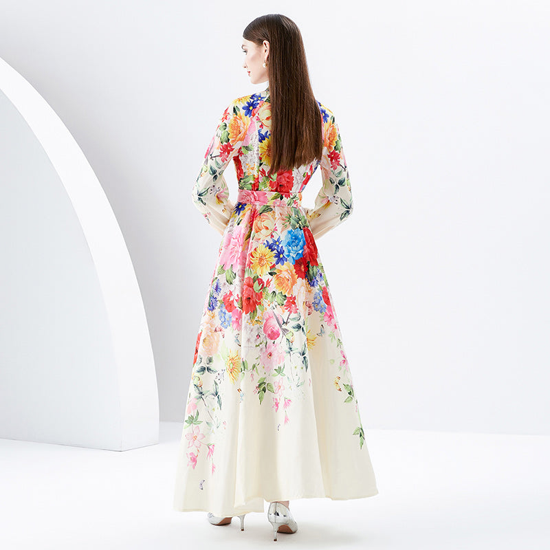 CM-DY091165 Women Elegant European Style Stand Collar Single-Breasted Long Dress
