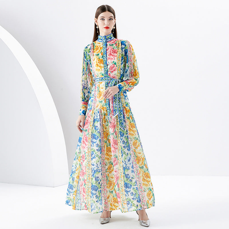 CM-DY091174 Women Elegant European Style Stand Collar Long Sleeve Maxi Dress