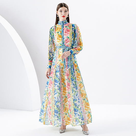 CM-DY091174 Women Elegant European Style Stand Collar Long Sleeve Maxi Dress