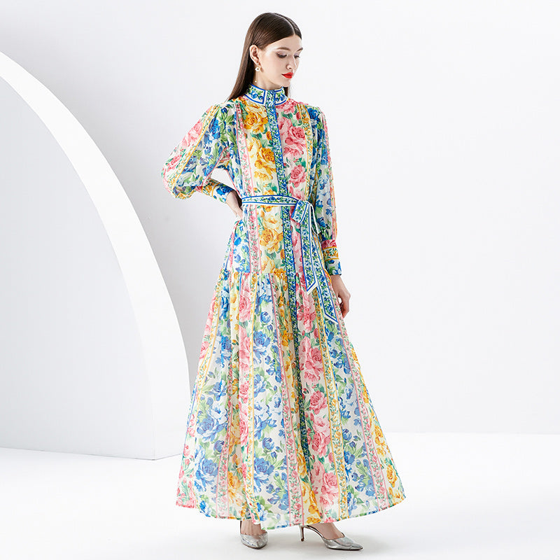 CM-DY091174 Women Elegant European Style Stand Collar Long Sleeve Maxi Dress