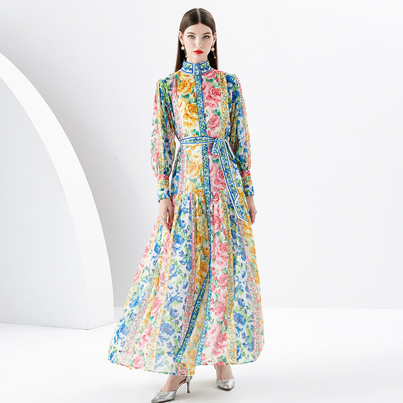 CM-DY091174 Women Elegant European Style Stand Collar Long Sleeve Maxi Dress
