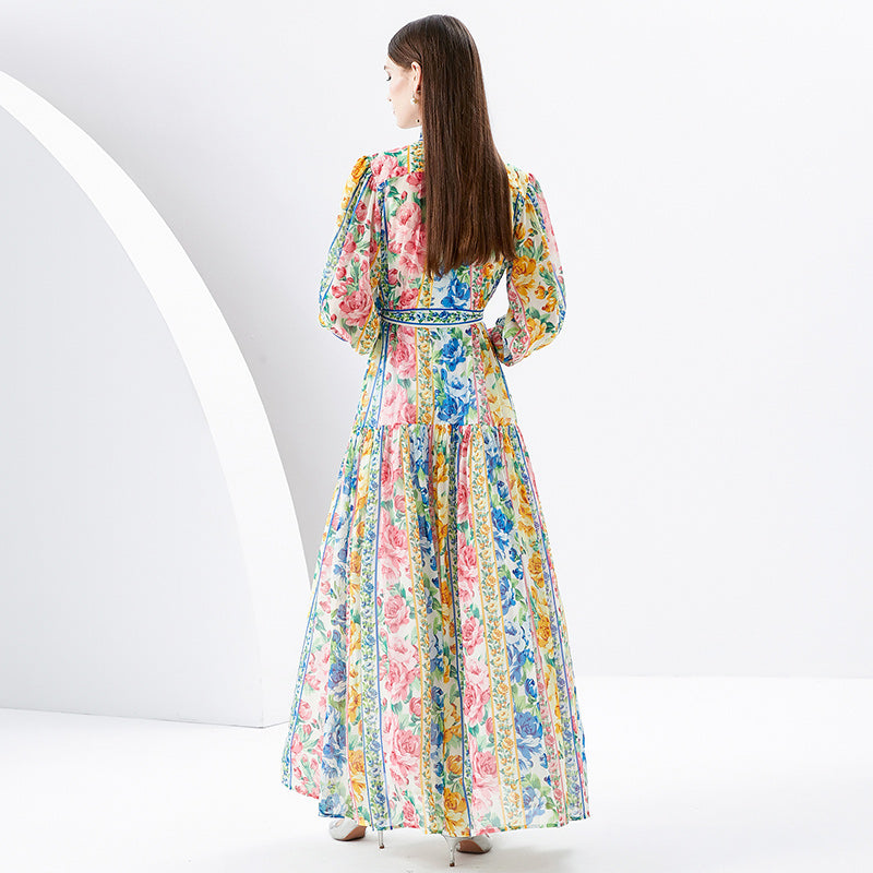 CM-DY091174 Women Elegant European Style Stand Collar Long Sleeve Maxi Dress