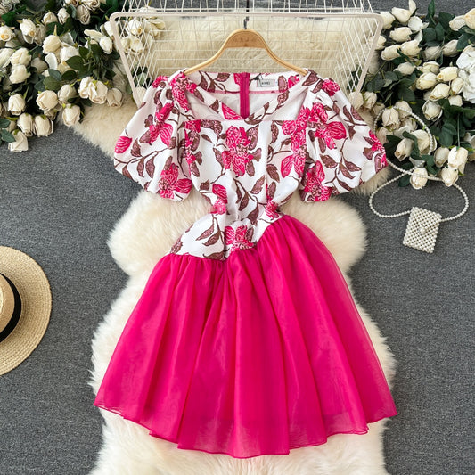 CM-DY091383 Women Elegant European Style Short Sleeve Pinched Waist Dress