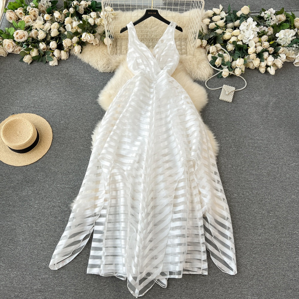 CM-DY091385 Women Elegant European Style Lace Sleeveless Slim A-Line Dress - White