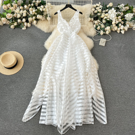 CM-DY091385 Women Elegant European Style Lace Sleeveless Slim A-Line Dress - White
