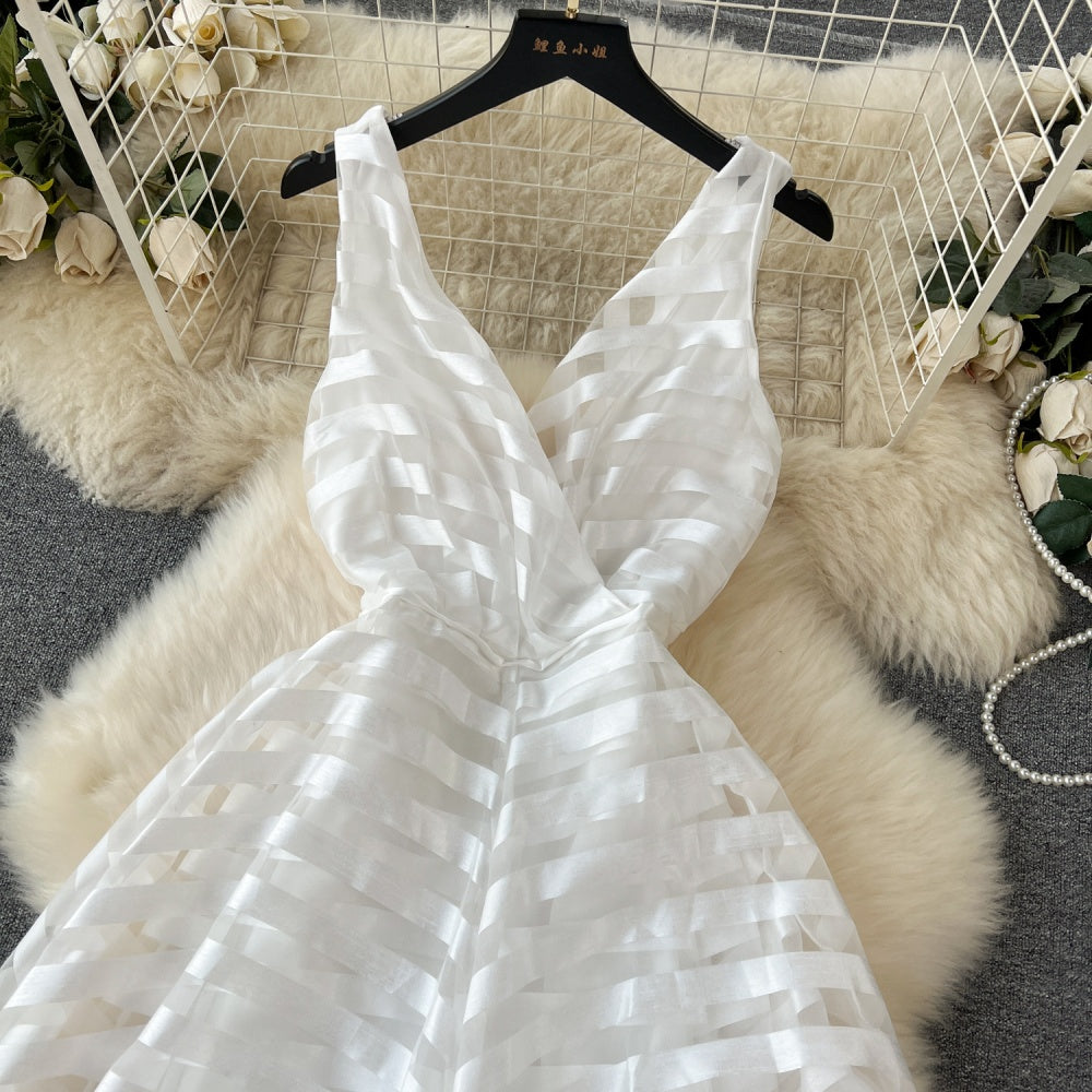 CM-DY091385 Women Elegant European Style Lace Sleeveless Slim A-Line Dress - White