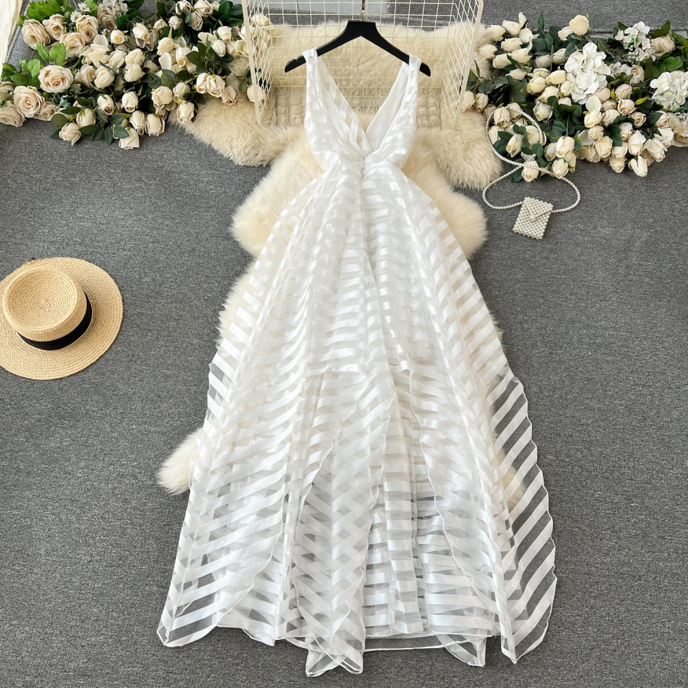 CM-DY091385 Women Elegant European Style Lace Sleeveless Slim A-Line Dress - White