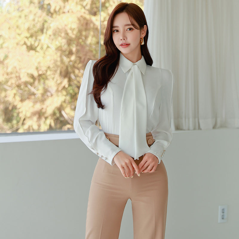 CM-SY092134 Women Elegant Seoul Style Slim Collar Neckline Long Sleeve Tops With Long Pants - Set