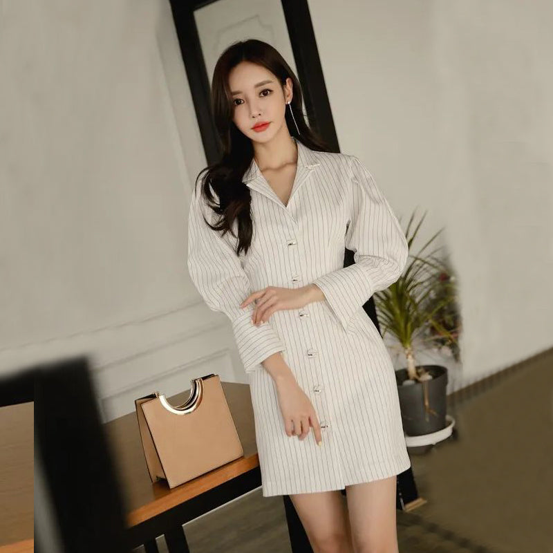 CM-DY092137 Women Casual Seoul Style V-Neck Long Sleeve Slim Stripe Shirt Dress