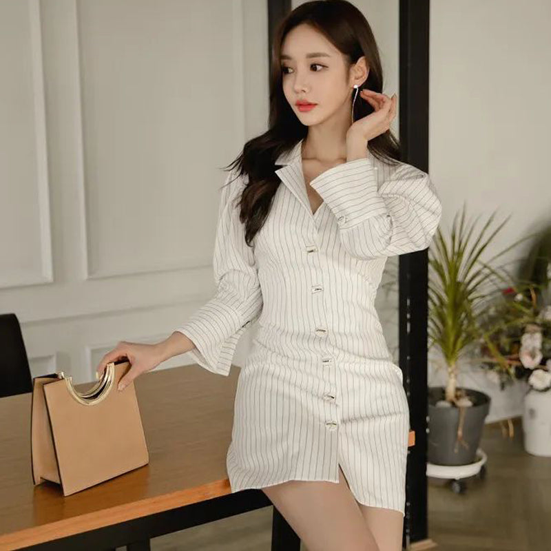CM-DY092137 Women Casual Seoul Style V-Neck Long Sleeve Slim Stripe Shirt Dress