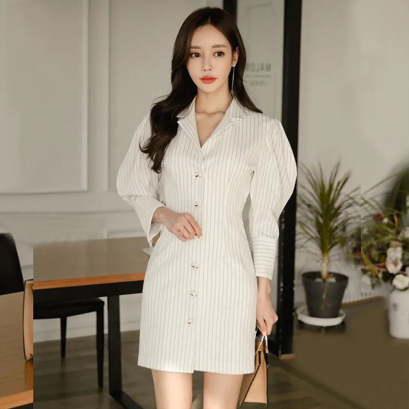 CM-DY092137 Women Casual Seoul Style V-Neck Long Sleeve Slim Stripe Shirt Dress