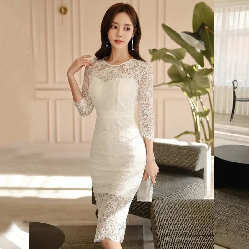 CM-DY092141 Women Elegant Seoul Style Halter 3/4 Sleeve Lace Slim Dress - White