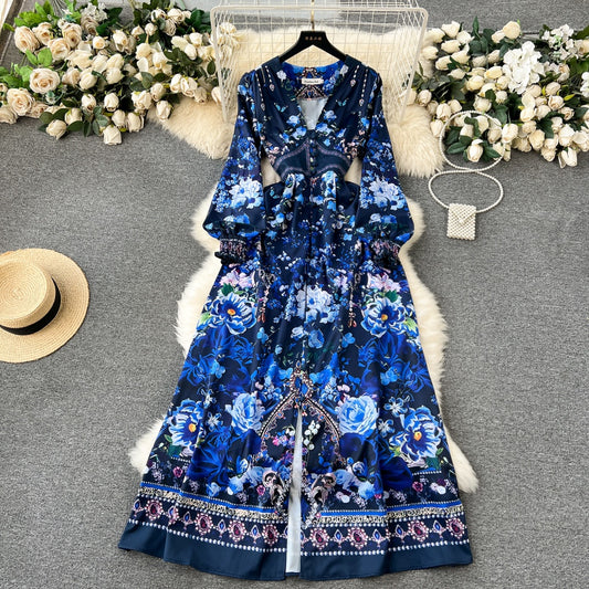 CM-DY092146 Women Elegant European Style V-Neck Lantern Sleeve Maxi Dress - Blue