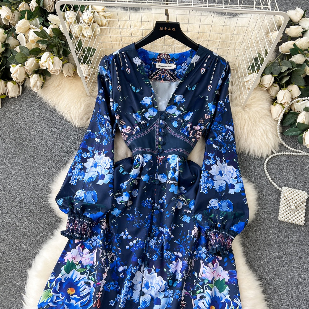 CM-DY092146 Women Elegant European Style V-Neck Lantern Sleeve Maxi Dress - Blue