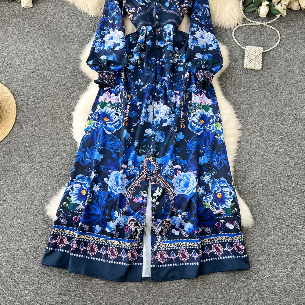 CM-DY092146 Women Elegant European Style V-Neck Lantern Sleeve Maxi Dress - Blue