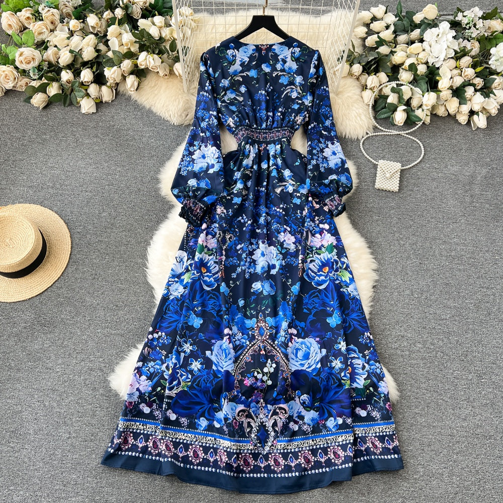 CM-DY092146 Women Elegant European Style V-Neck Lantern Sleeve Maxi Dress - Blue