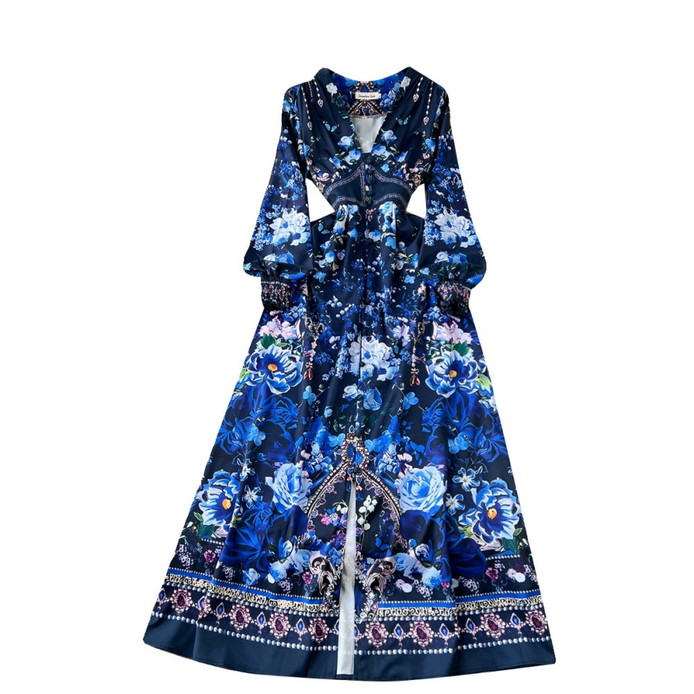 CM-DY092146 Women Elegant European Style V-Neck Lantern Sleeve Maxi Dress - Blue