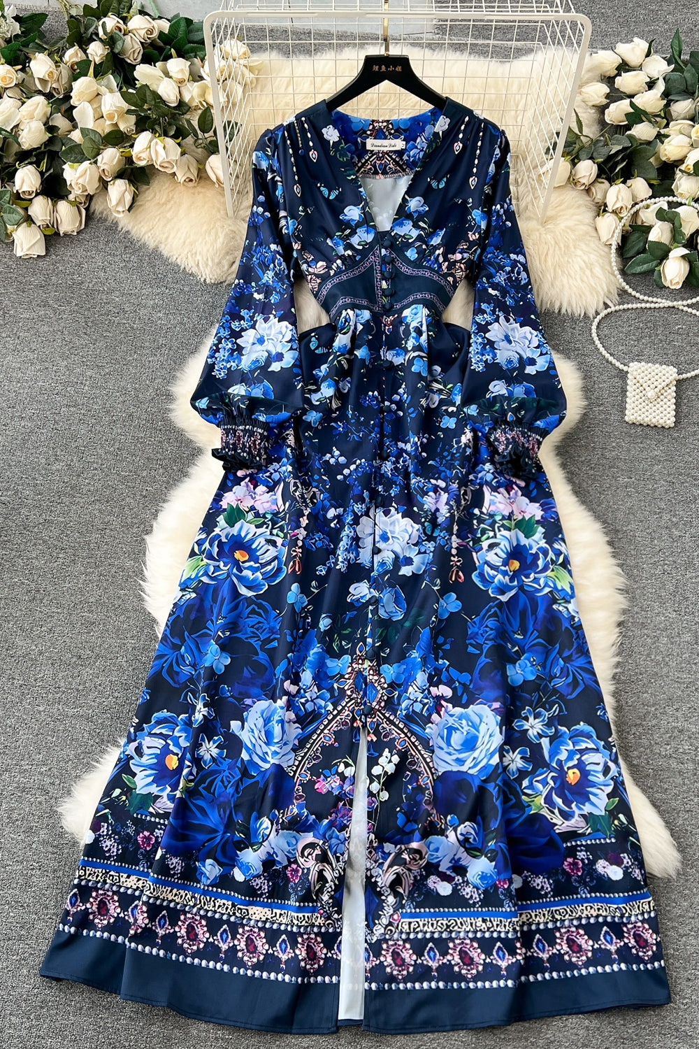 CM-DY092146 Women Elegant European Style V-Neck Lantern Sleeve Maxi Dress - Blue