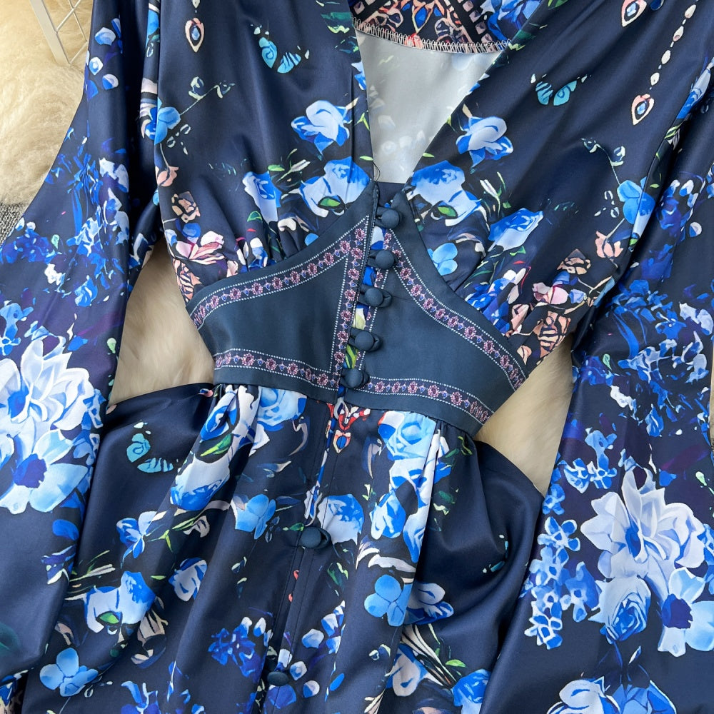 CM-DY092146 Women Elegant European Style V-Neck Lantern Sleeve Maxi Dress - Blue