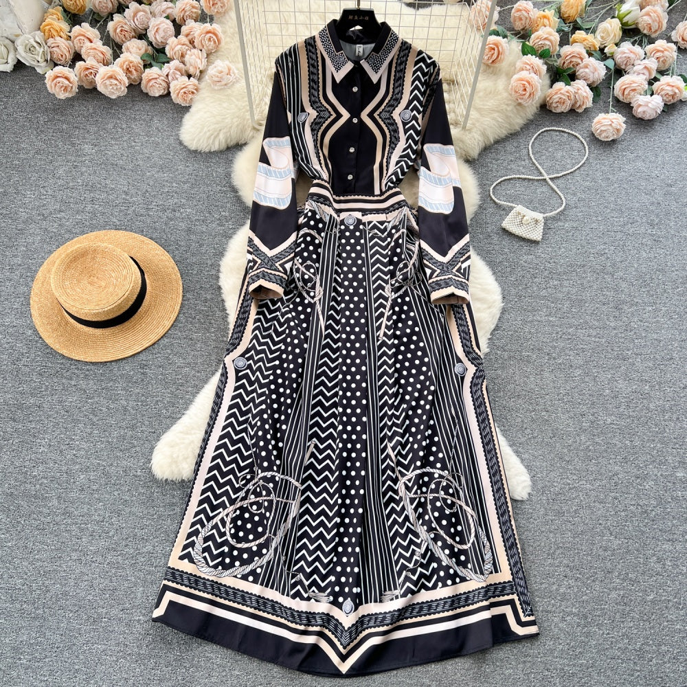 CM-DY092147 Women Elegant European Style Collar Neckline Printing Long Dress