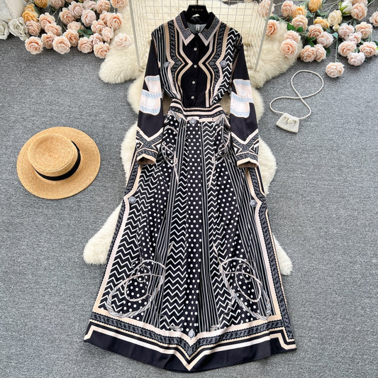 CM-DY092147 Women Elegant European Style Collar Neckline Printing Long Dress
