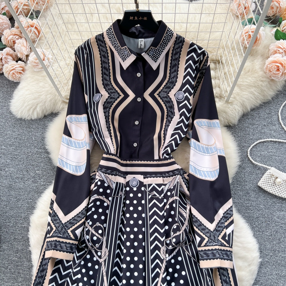 CM-DY092147 Women Elegant European Style Collar Neckline Printing Long Dress