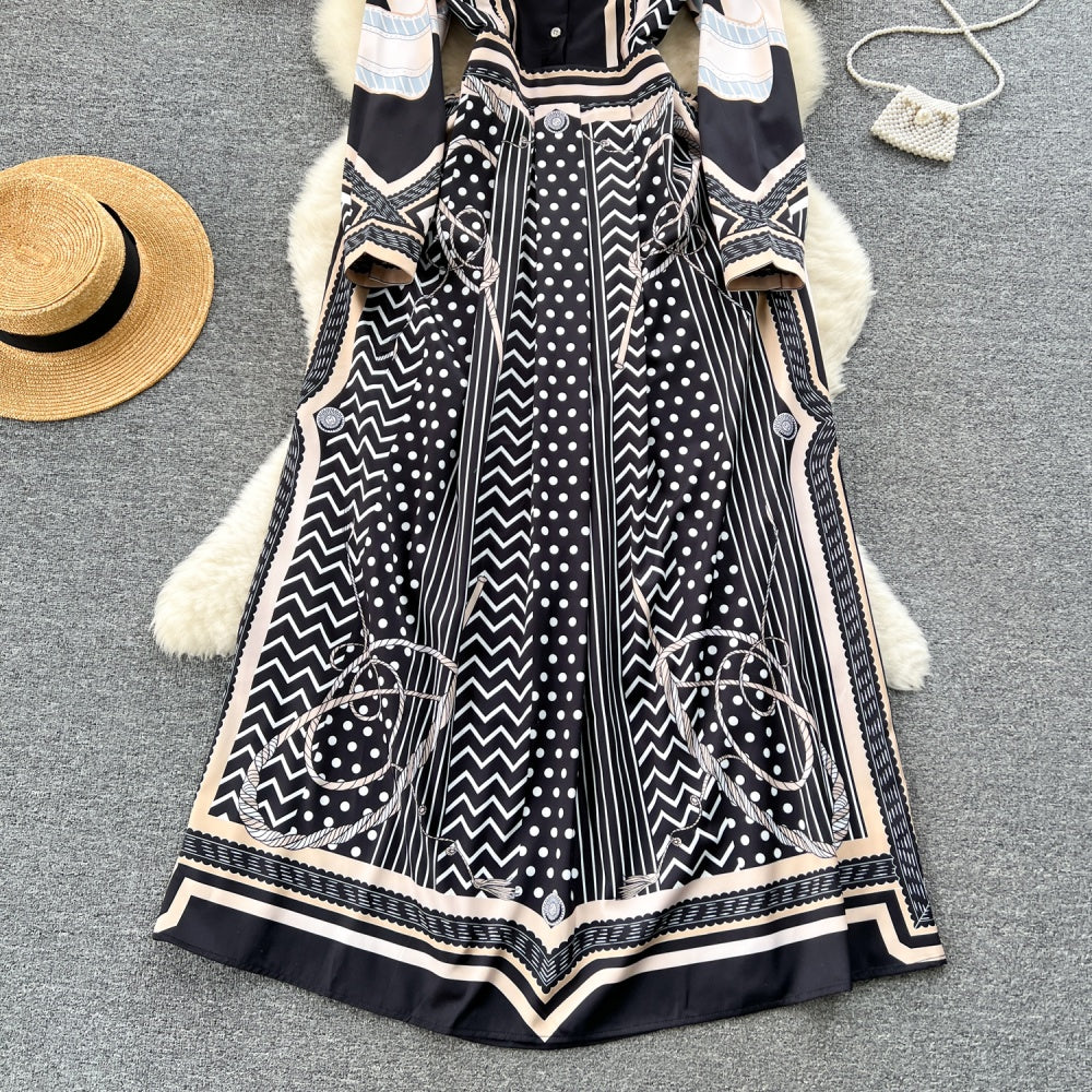 CM-DY092147 Women Elegant European Style Collar Neckline Printing Long Dress