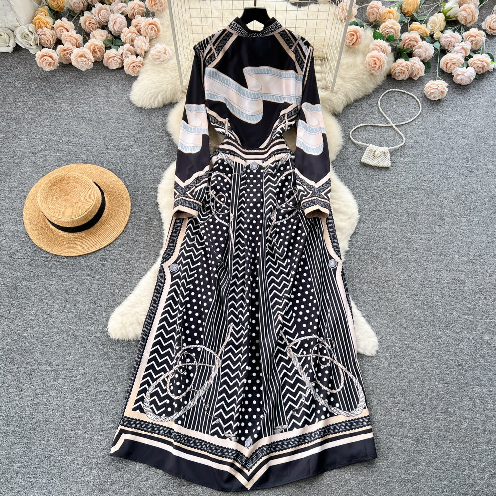 CM-DY092147 Women Elegant European Style Collar Neckline Printing Long Dress