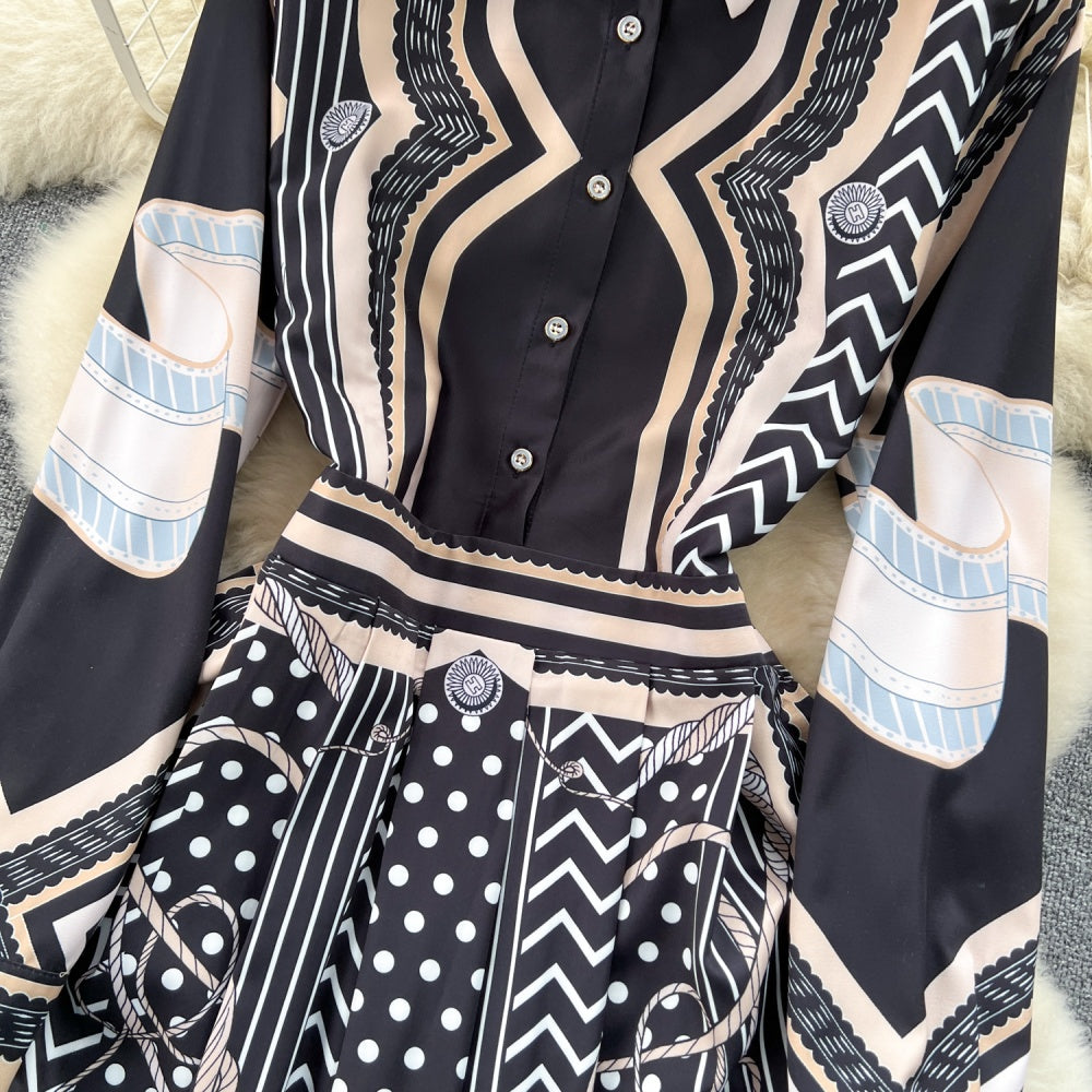 CM-DY092147 Women Elegant European Style Collar Neckline Printing Long Dress