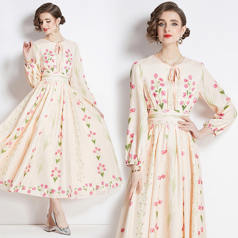 CM-DY092153 Women Elegant European Style Round Neck Long Sleeve Floral Prints Dress - Apricot