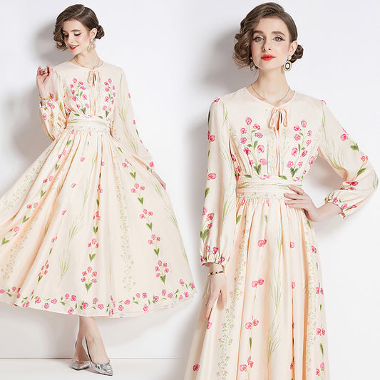 CM-DY092153 Women Elegant European Style Round Neck Long Sleeve Floral Prints Dress - Apricot