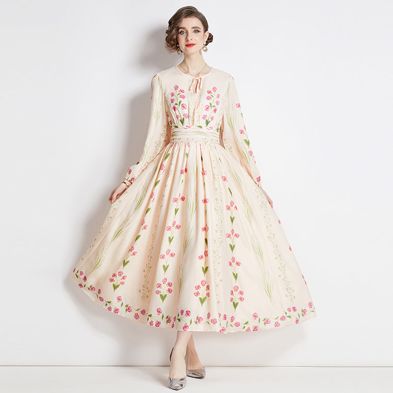 CM-DY092153 Women Elegant European Style Round Neck Long Sleeve Floral Prints Dress - Apricot