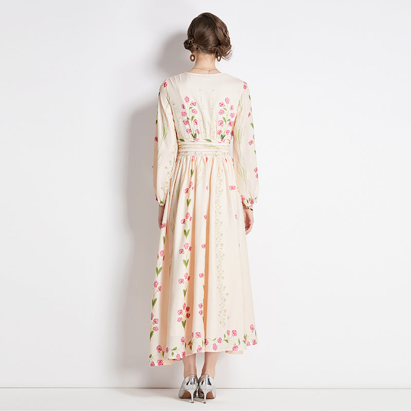 CM-DY092153 Women Elegant European Style Round Neck Long Sleeve Floral Prints Dress - Apricot