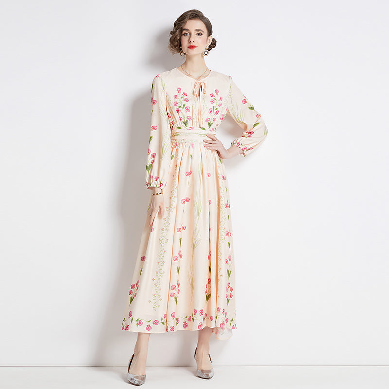 CM-DY092153 Women Elegant European Style Round Neck Long Sleeve Floral Prints Dress - Apricot