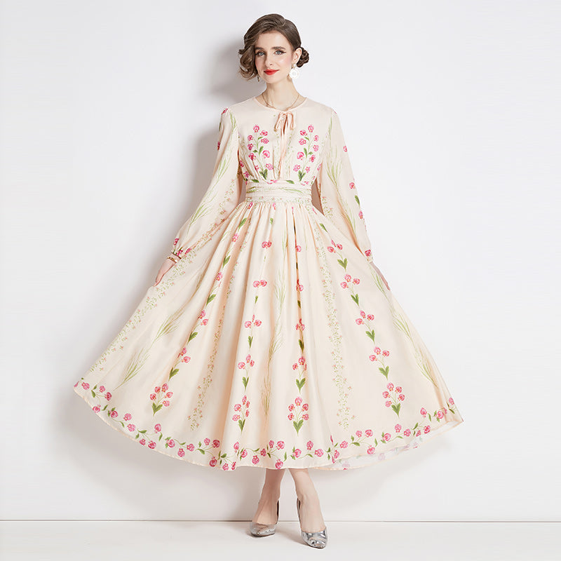 CM-DY092153 Women Elegant European Style Round Neck Long Sleeve Floral Prints Dress - Apricot