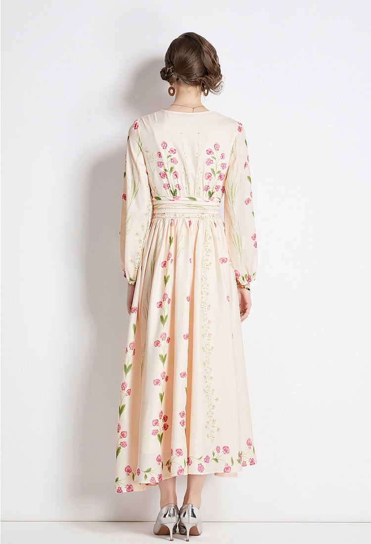 CM-DY092153 Women Elegant European Style Round Neck Long Sleeve Floral Prints Dress - Apricot
