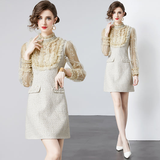 CM-DY092181 Women Elegant European Style Round Neck Lantern Sleeve Dress - Apricot