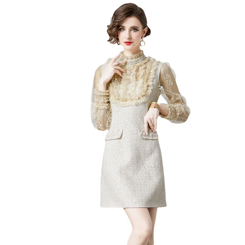 CM-DY092181 Women Elegant European Style Round Neck Lantern Sleeve Dress - Apricot