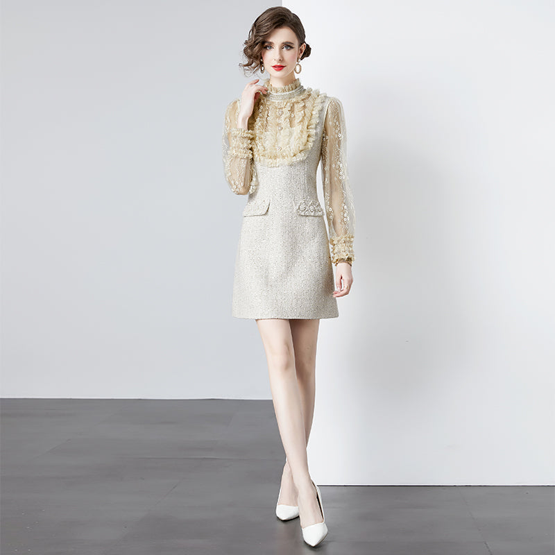 CM-DY092181 Women Elegant European Style Round Neck Lantern Sleeve Dress - Apricot
