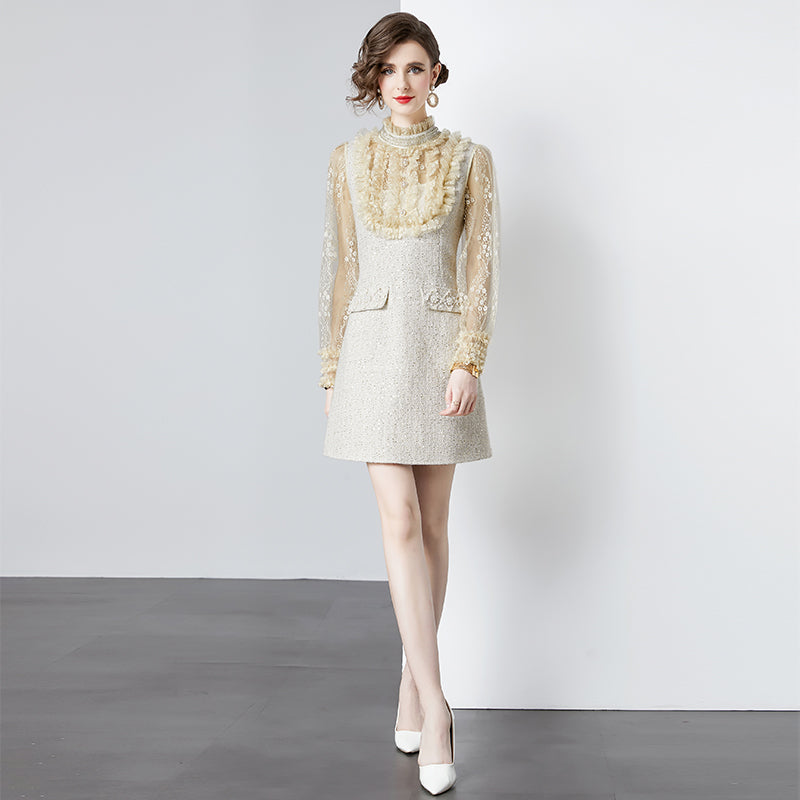 CM-DY092181 Women Elegant European Style Round Neck Lantern Sleeve Dress - Apricot