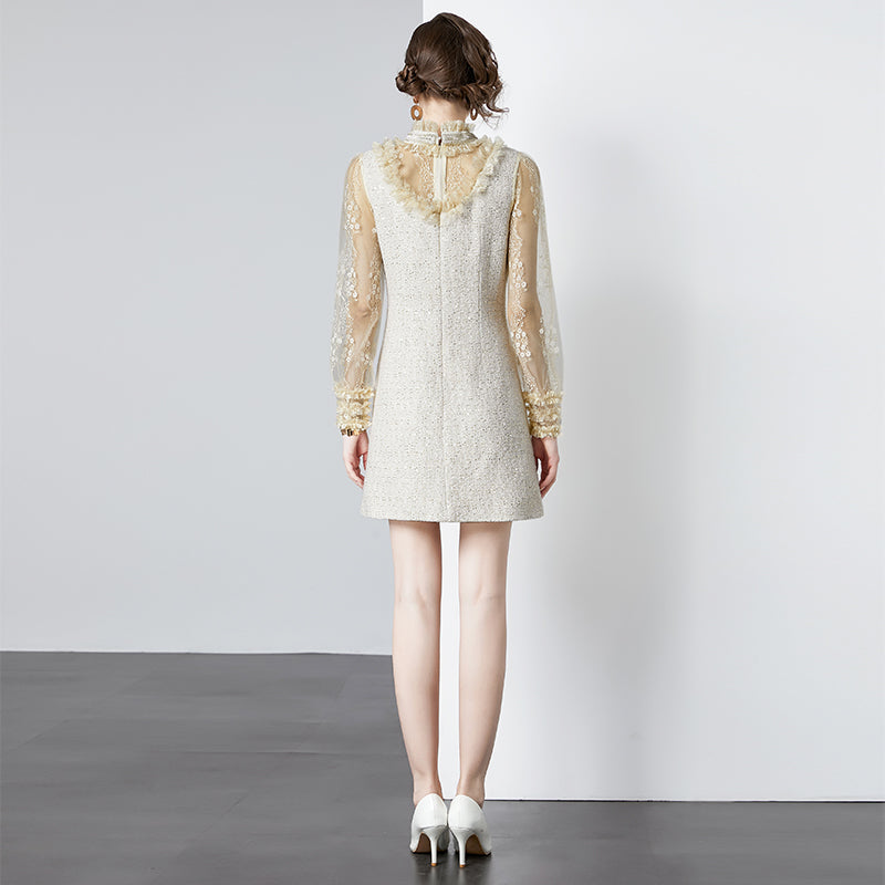 CM-DY092181 Women Elegant European Style Round Neck Lantern Sleeve Dress - Apricot