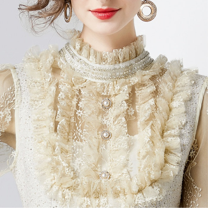 CM-DY092181 Women Elegant European Style Round Neck Lantern Sleeve Dress - Apricot