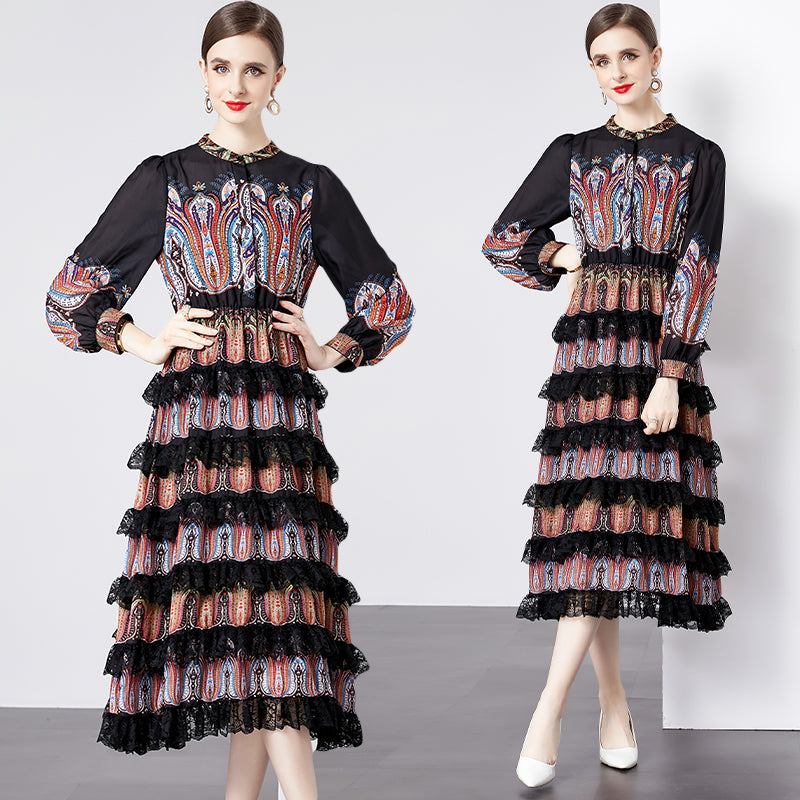 CM-DY092191 Women Elegant European Style Round Neck Lantern Sleeve Cupcake Dress